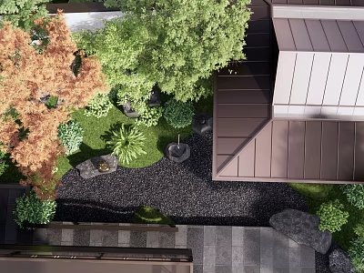 Courtyard Garden Design With Lush Greenery Red Leaf Trees Decorative Stones Gravel Pathway And Wooden Structure 3d model