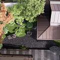 Courtyard Garden Design With Lush Greenery Red Leaf Trees Decorative Stones Gravel Pathway And Wooden Structure