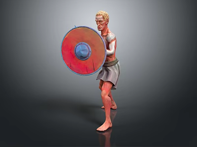 Man As Ancient Warrior Standing Barefoot Holding Round Red Blue Shield 3d model