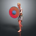 Man As Ancient Warrior Standing Barefoot Holding Round Red Blue Shield