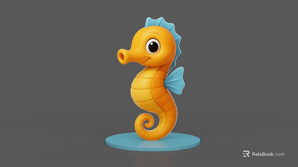 Cute Orange Seahorse 3D Figurine With Blue Fins And Blue Base 3d model 