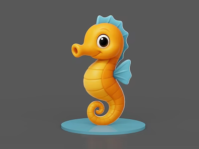 Cute Orange Seahorse 3D Figurine With Blue Fins And Blue Base 3d model