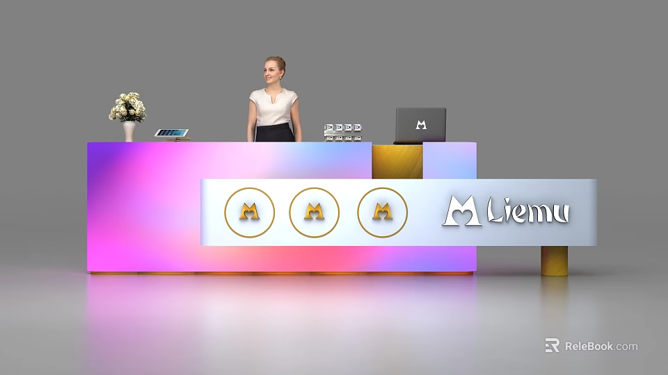 Colorful Gradient Reception Desk With Receptionist Flower Vase Laptop And M lienu Golden Icons 3d model 