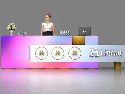 Colorful Gradient Reception Desk With Receptionist Flower Vase Laptop And M lienu Golden Icons 3d model