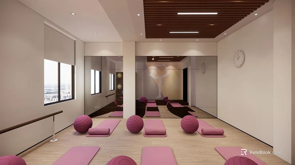 Spacious Yoga Studio With Bright Windows Pink Mats Exercise Balls And Mirror Walls 3d model 
