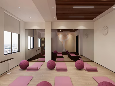 Spacious Yoga Studio With Bright Windows Pink Mats Exercise Balls And Mirror Walls 3d model
