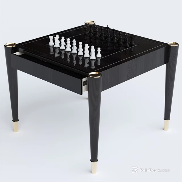 Elegant Sports Equipment Chess Table With Black Glass Top Gold Accented Legs And Chess Pieces 3d model 