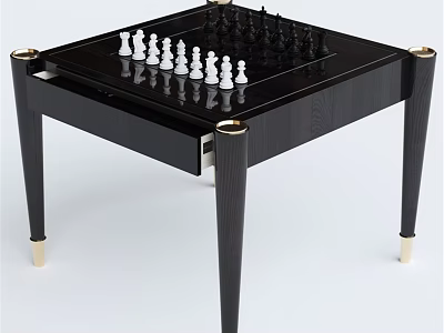 Elegant Sports Equipment Chess Table With Black Glass Top Gold Accented Legs And Chess Pieces 3d model