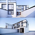 Modern Semi Detached Villa Exterior With White Walls Large Windows And Front Entrance