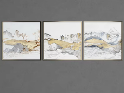 Three Framed Abstract Landscape Paintings On Gray Wall With Gold White Gray Tones 3d model