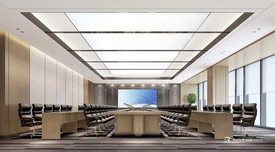 Modern Conference Room Interior With Long Table Black Chairs Large Screen And Windows 3d model