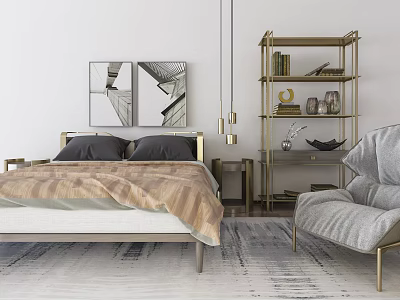 Modern Double Bed Interior With Bedside Table Gold Shelf And Accent Chair 3d model