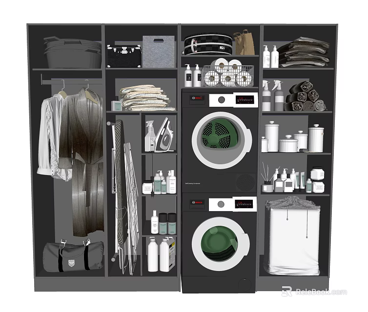 Organized Bathroom Cabinet Rack with Washing Machine Dryer Towels and Cleaning Supplies Storage 3d model 