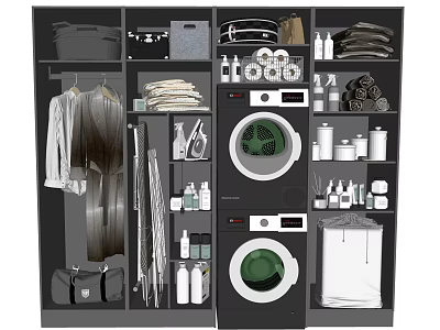 Organized Bathroom Cabinet Rack with Washing Machine Dryer Towels and Cleaning Supplies Storage 3d model