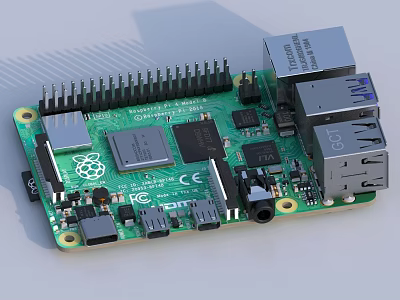 Raspberry Pi Development Board With Green Circuit Board Chips Ports And Pins 3d model