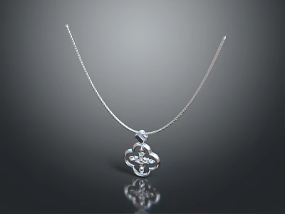 Elegant Silver Four Leaf Clover Pendant Necklace With Shiny Gemstone Design 3d model