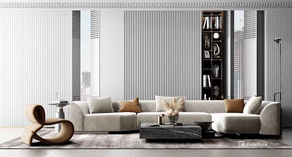 Modern Beige Sofa Coffee Table Combination With Throw Pillows And Vertical Striped Wall 3d model