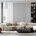 Modern Beige Sofa Coffee Table Combination With Throw Pillows And Vertical Striped Wall 3d model