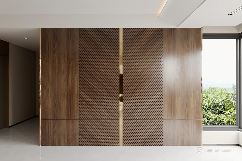 Modern Minimalist Sofa Background Wall With Wooden Herringbone Pattern And Golden Trim 3d model 