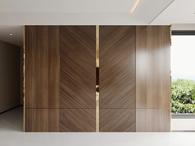 Modern Minimalist Sofa Background Wall With Wooden Herringbone Pattern And Golden Trim 3d model