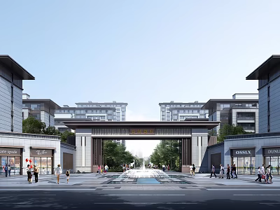 Traditional Style Entrance Gate With Surrounding Buildings Pedestrians And Fountain View 3d model