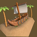 Cartoon Pirate Beach Scene with Wooden Boat Palm Trees and Barrels on Sand