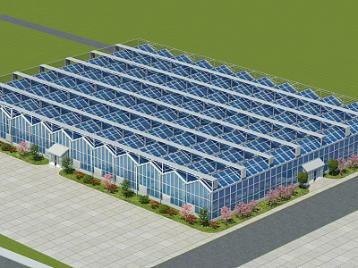 Aerial Planning of Large Glass Greenhouse with Neat Rows and Landscaping Pathways 3d model