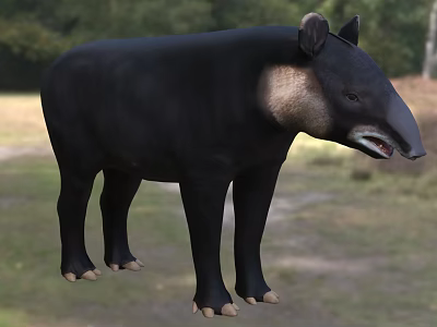 Black Reptile With Long Snout Standing In Grassland Near Forest Trees 3d model