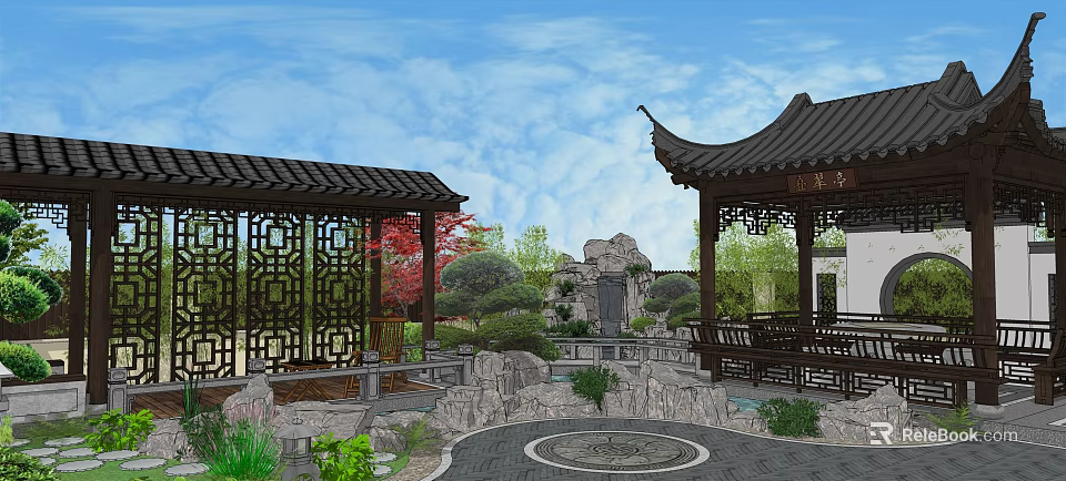Chinese Courtyard Garden with Traditional Pavilions Rockery Red Maple Tree And Carved Screens 3d model 