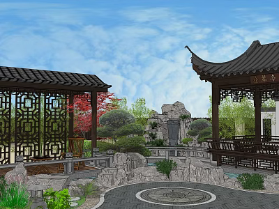 Chinese Courtyard Garden with Traditional Pavilions Rockery Red Maple Tree And Carved Screens 3d model