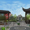 Chinese Courtyard Garden with Traditional Pavilions Rockery Red Maple Tree And Carved Screens