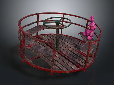 Vintage Red Carousel Structure With Circular Wooden Floor And Pink Rabbit Doll 3d model