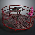 Vintage Red Carousel Structure With Circular Wooden Floor And Pink Rabbit Doll