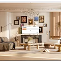 Modern Living Room Interior With Photo Wall Fireplace Chandelier Sofa And Armchair