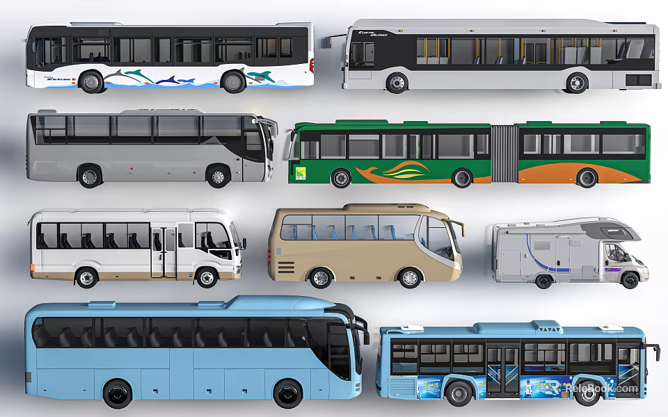 Various Colored Buses Including City Transit And Tourist Coach Models 3d model 