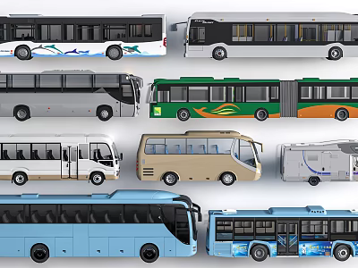 Various Colored Buses Including City Transit And Tourist Coach Models 3d model