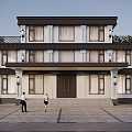 Two Story Detached Villa With Black Roof White Walls Balcony Front Steps And Outdoor Seating