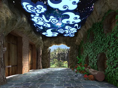 Green Plant Covered Building Exterior Wall With Archway Blue Cloud Light Ceiling And Stone Path 3d model