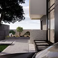 Modern Garden Landscape With Stone Pathway Outdoor Lighting And Covered Seating Area