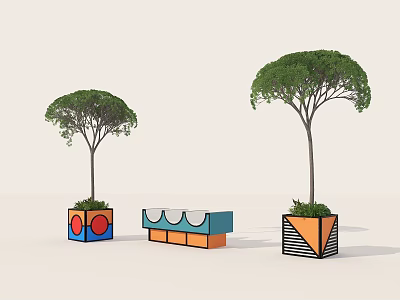 Colorful Outdoor Chair Design Between Two Potted Trees Modern Setup 3d model