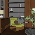Modern Study Room Interior With Green Armchair Wooden Bookshelves And Wall Art