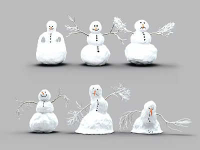 Cute Snowman Decorations With Branch Arms Carrot Noses And Smiling Faces 3d model