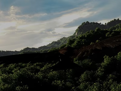 Natural Mountain Scene With Lush Green Vegetation Rolling Hills And Sunlit Cloudy Sky 3d model