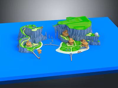 Cartoon Scenery With Green Islands Blue Water Surface Small Houses Curved Paths And Bridges 3d model