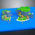 Cartoon Scenery With Green Islands Blue Water Surface Small Houses Curved Paths And Bridges