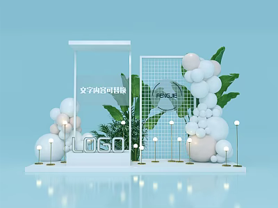 Modern Decorative Display Setup With White Platform Grid Balloons And Green Plants 3d model