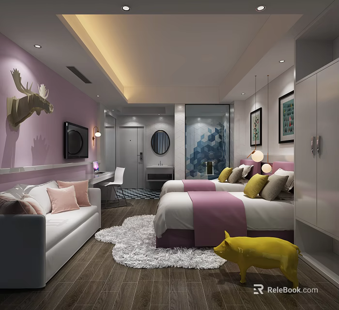 Modern Purple Hotel Guest Room With Double Bed Sofa TV Bathroom Rug And Yellow Toy 3d model 