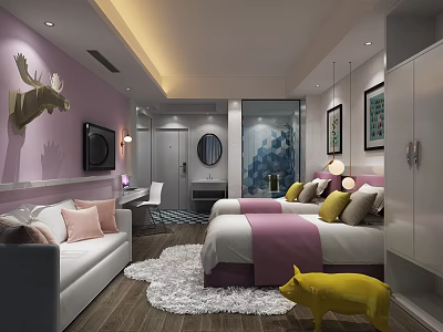 Modern Purple Hotel Guest Room With Double Bed Sofa TV Bathroom Rug And Yellow Toy 3d model