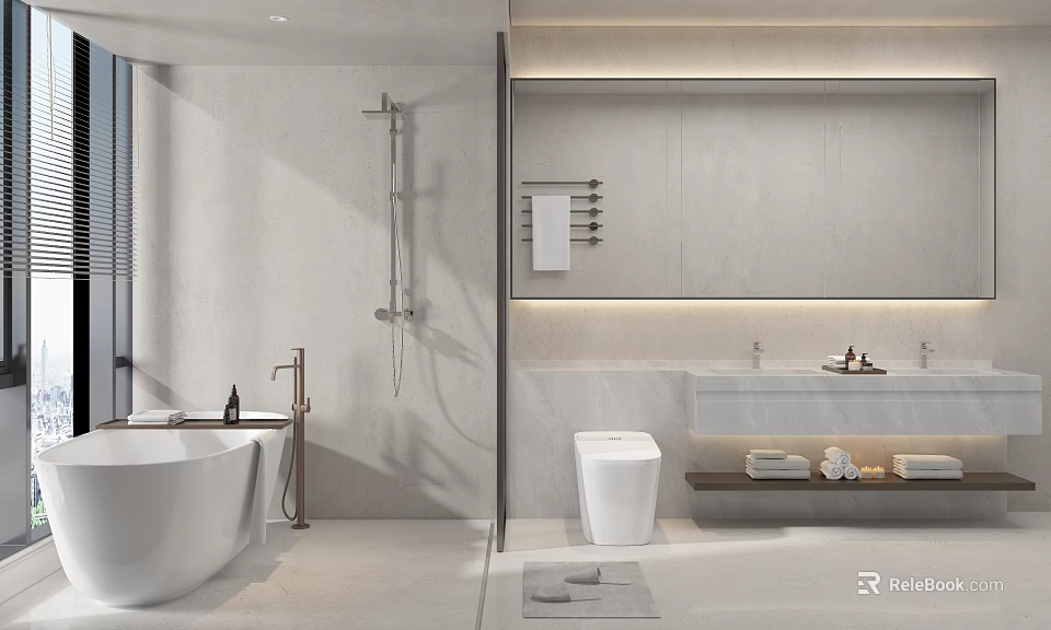 Modern Bathroom Interior With Bathtub Shower Smart Toilet Double Vanity And Marble Countertop 3d model 