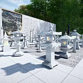 Neatly Arranged Stone Lanterns As Garden Ornaments With Water Features And Decorative Wall